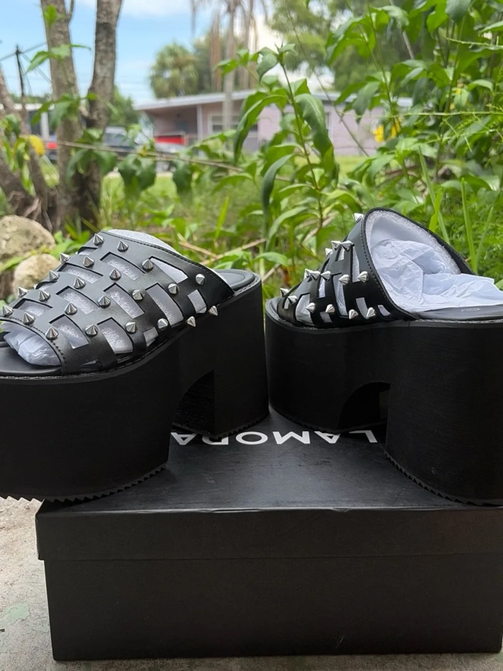 Black Spike-Embellished Platform Slide Sandals